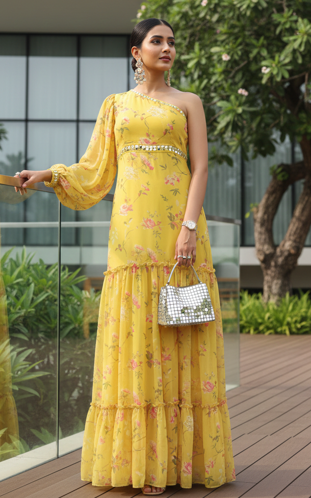 Robe Sapna moutarde en georgette imprimée, à une épaule et ornée de broderie miroir