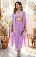 Ensemble coordonné lilas avec corset à broderie miroir et jupe drapée