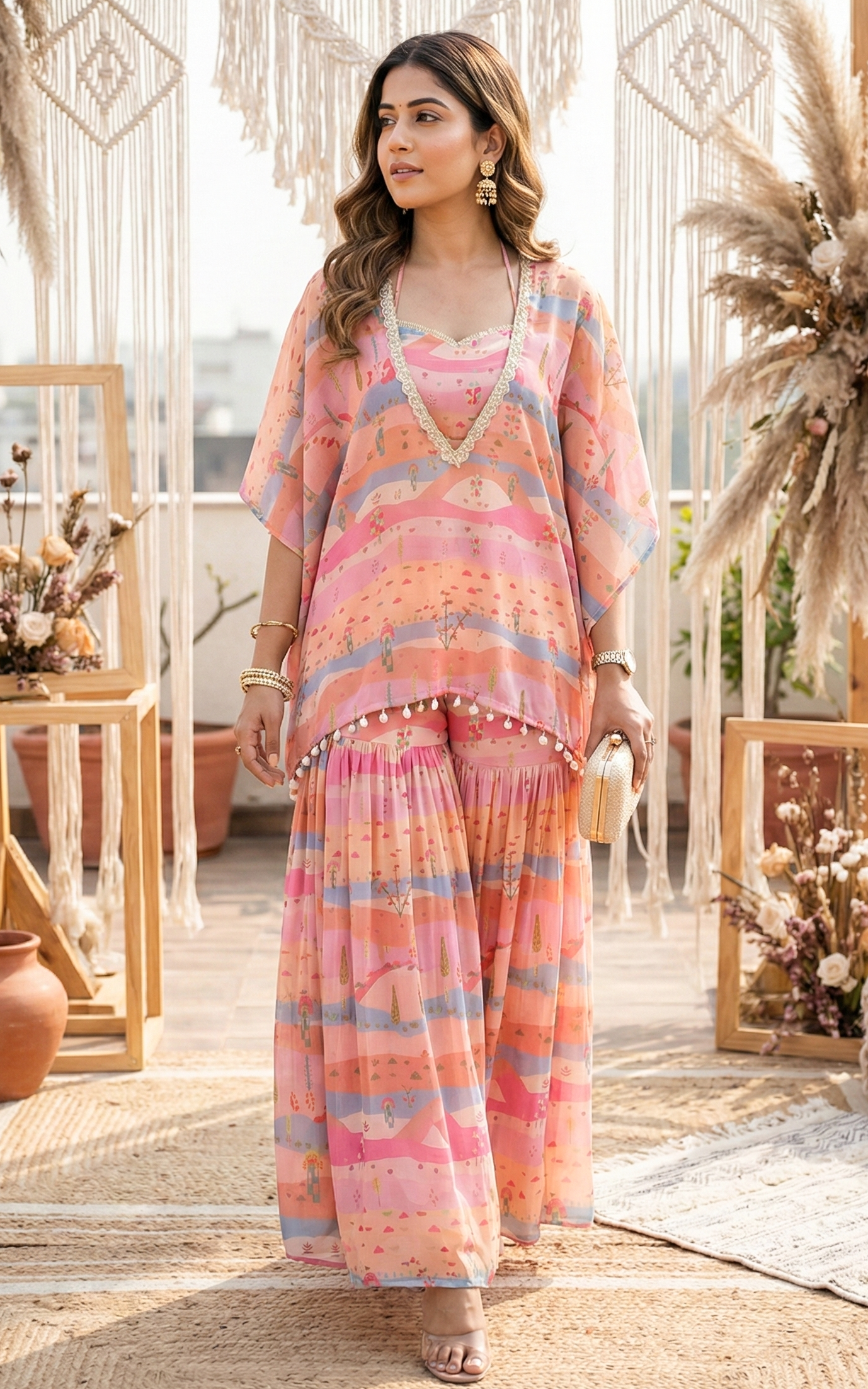 Ensemble coordonné à imprimé paysage graphique avec kaftan, crop top et sharara