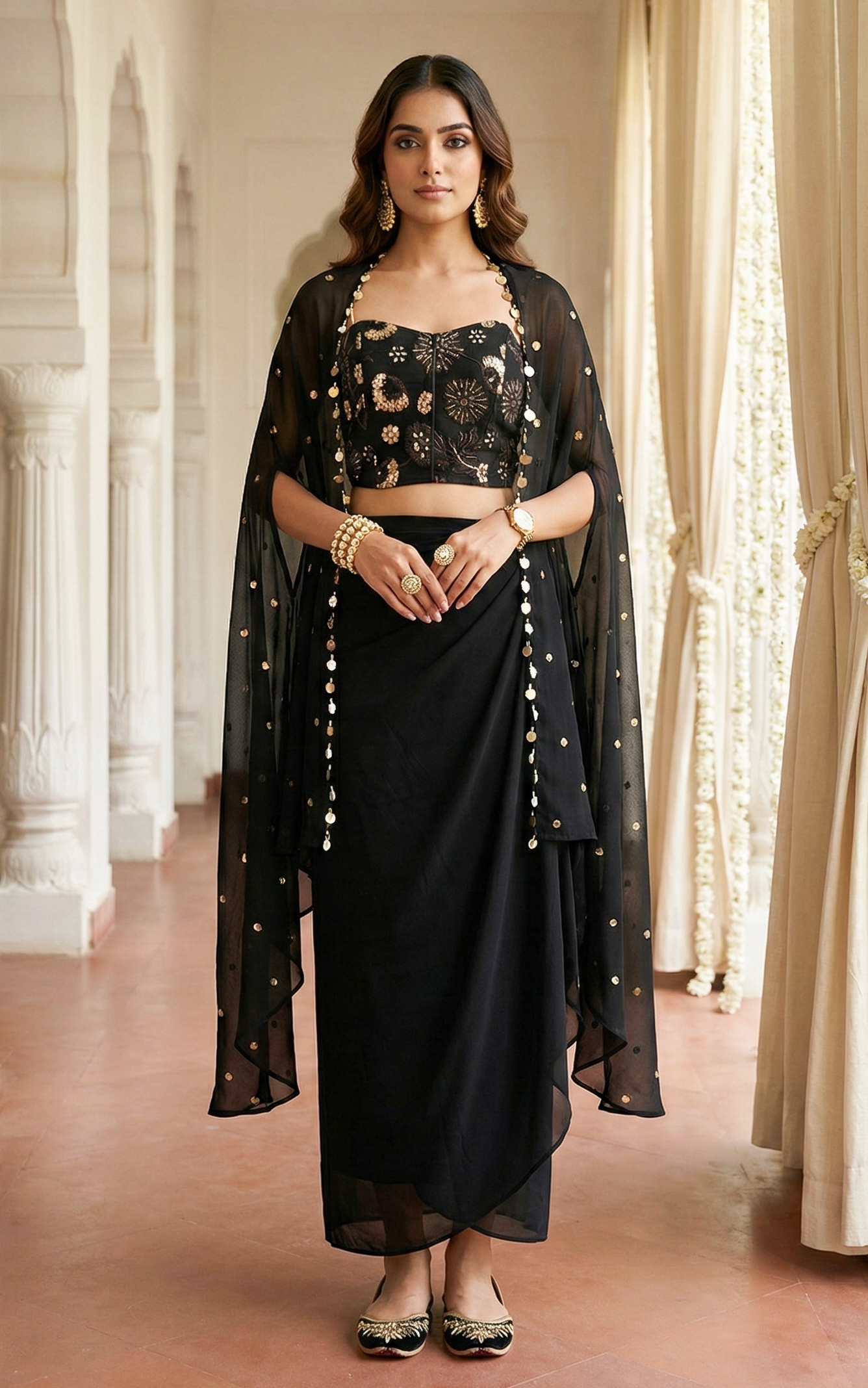 Ensemble coordonné noir et doré avec corset à sequins et jupe drapée