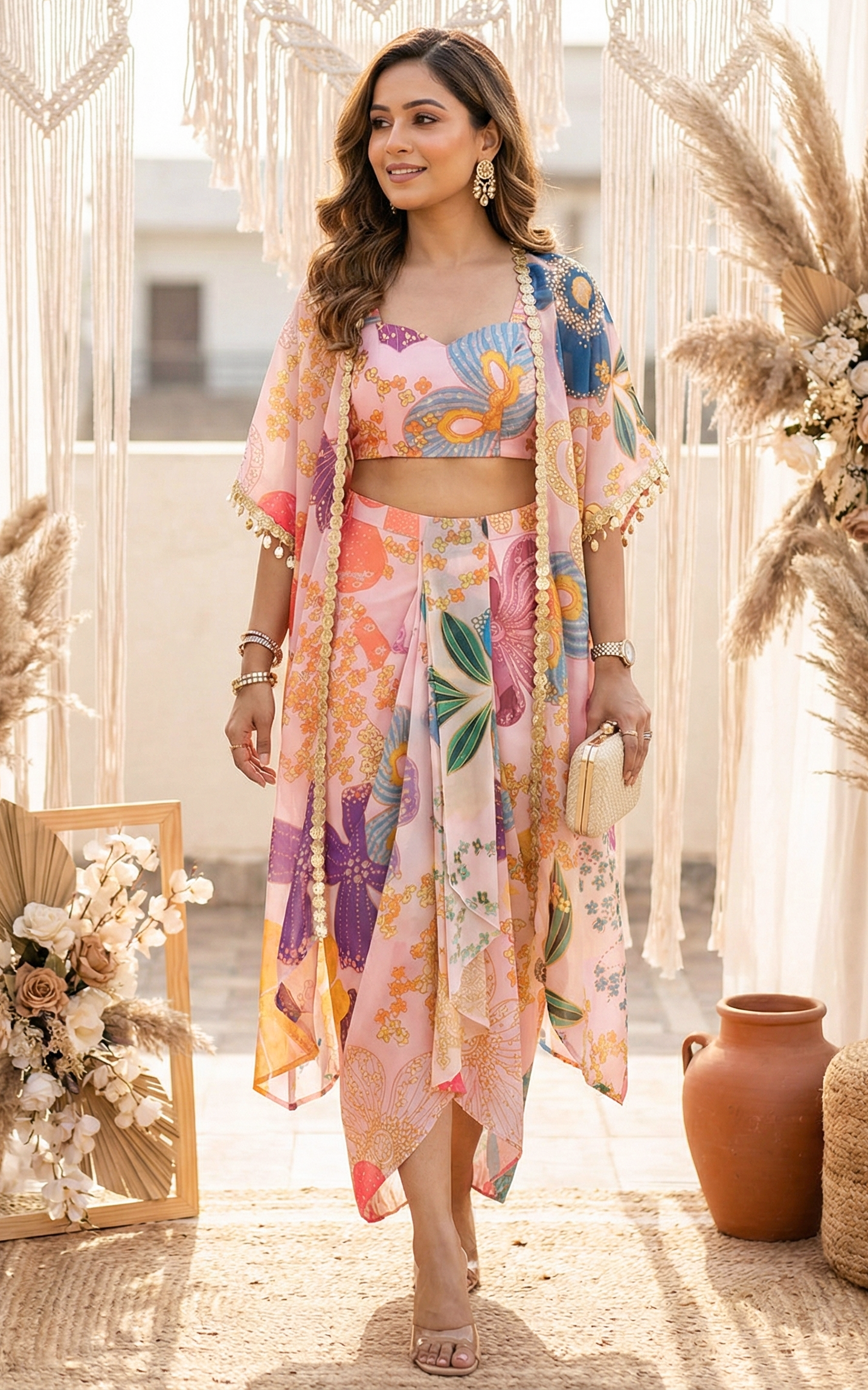Ensemble coordonné floral vintage avec crop top et jupe drapée