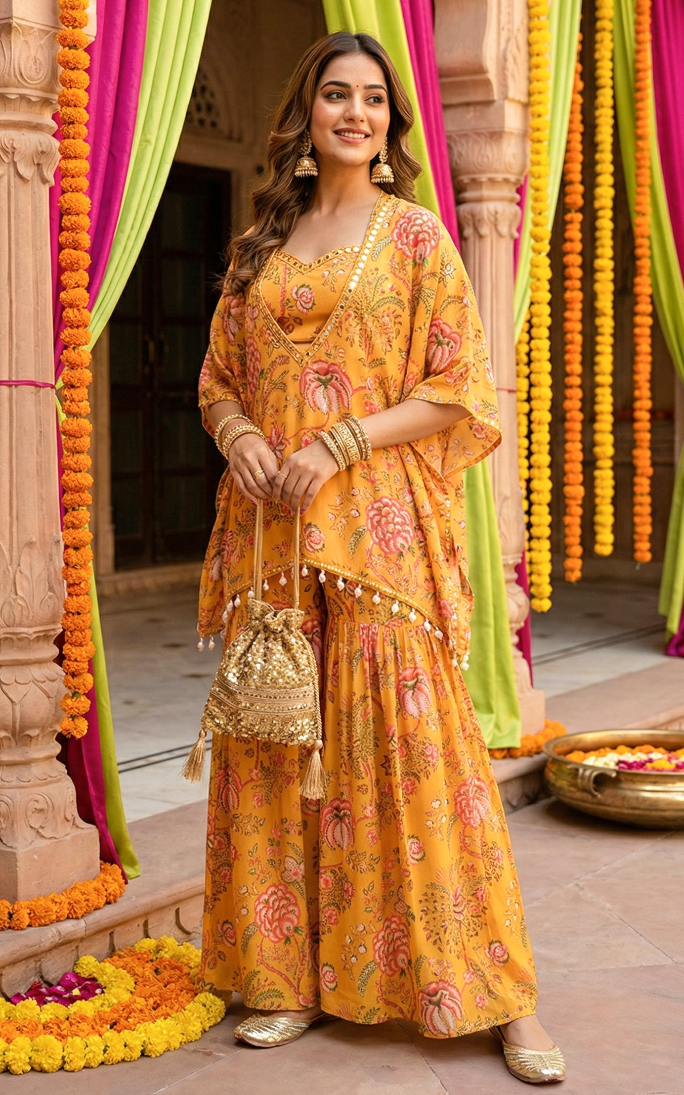 Ensemble moutarde à imprimé floral avec crop top, sharara et kaftan