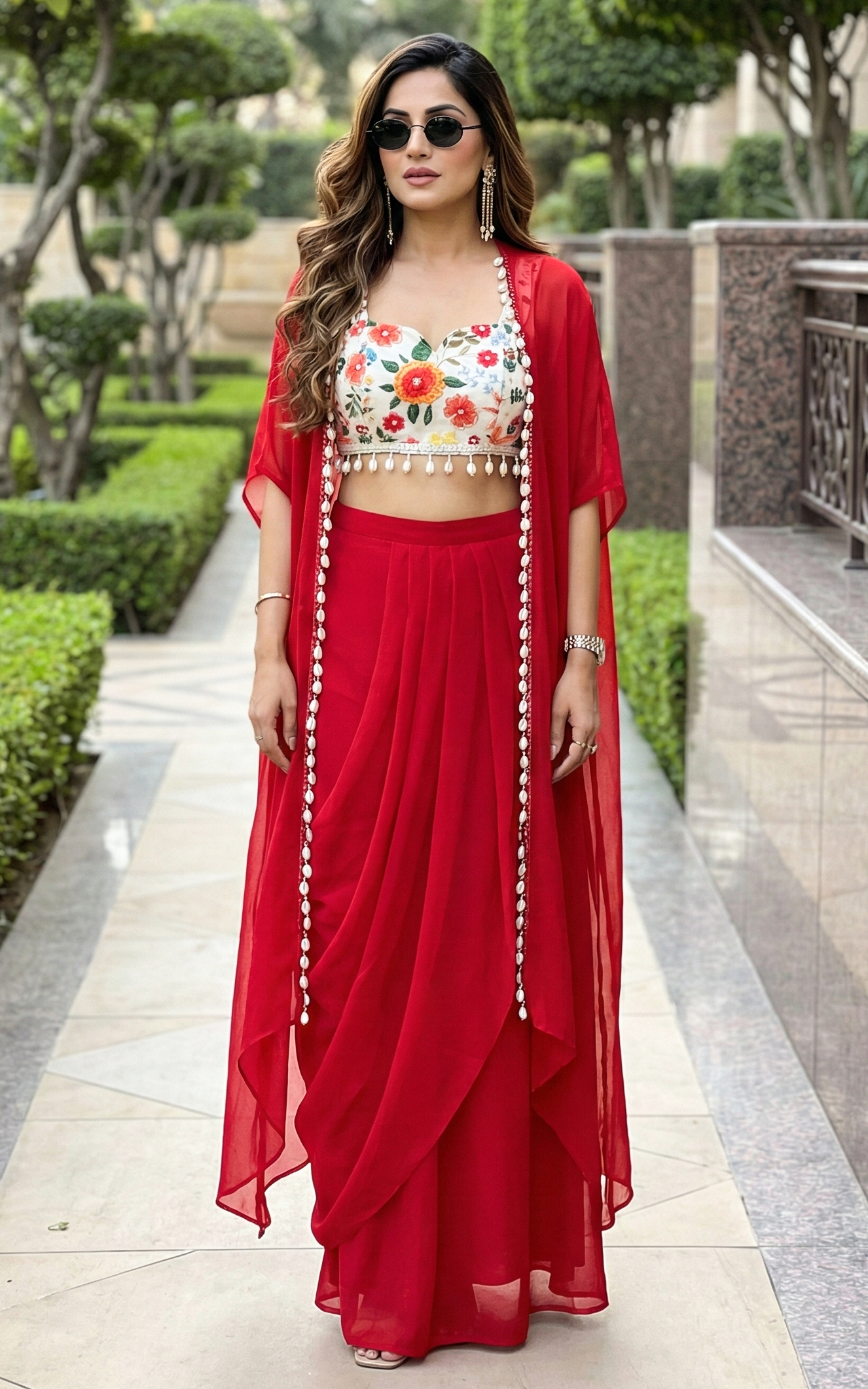 Ensemble coordonné rouge avec jupe drapée, cape et crop top brodé