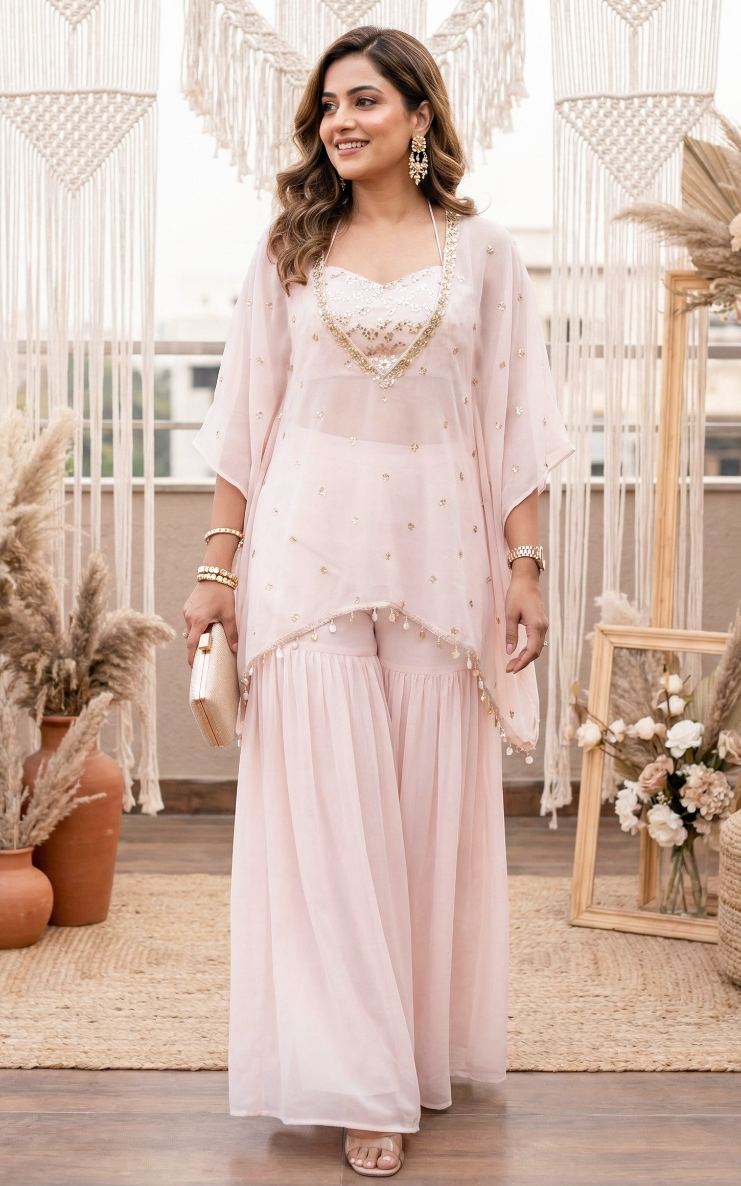 Ensemble coordonné rose clair avec crop top à sequins et sharara