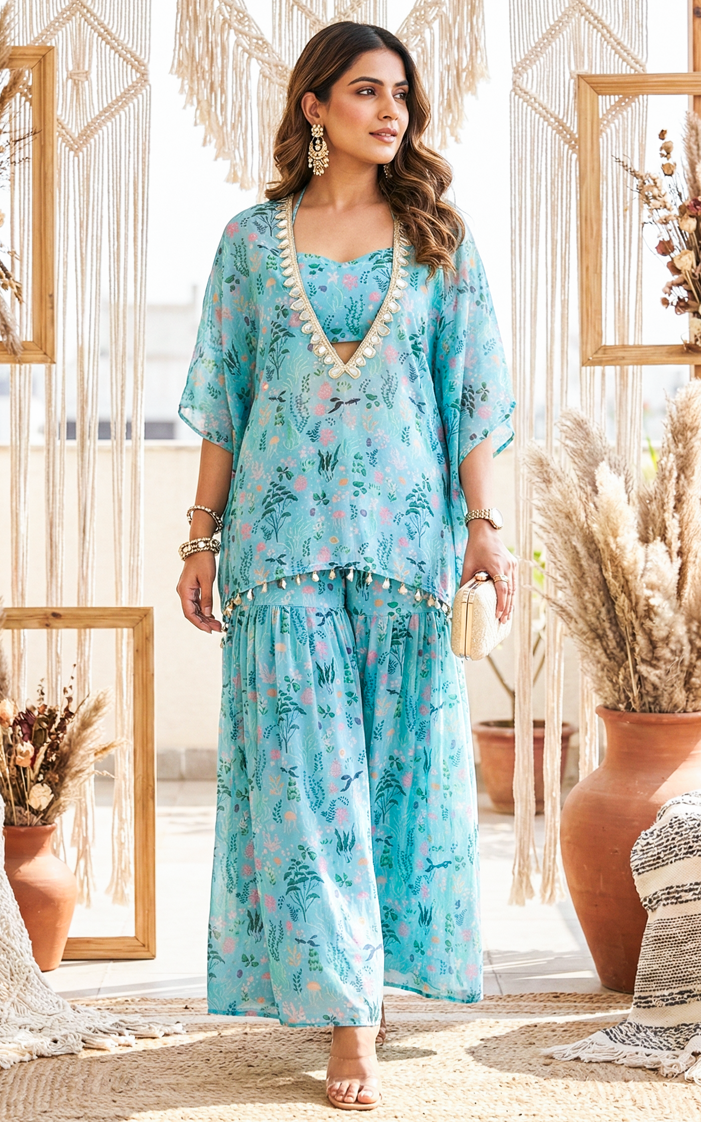 Ensemble turquoise à imprimé aquatique avec kaftan, crop top et sharara