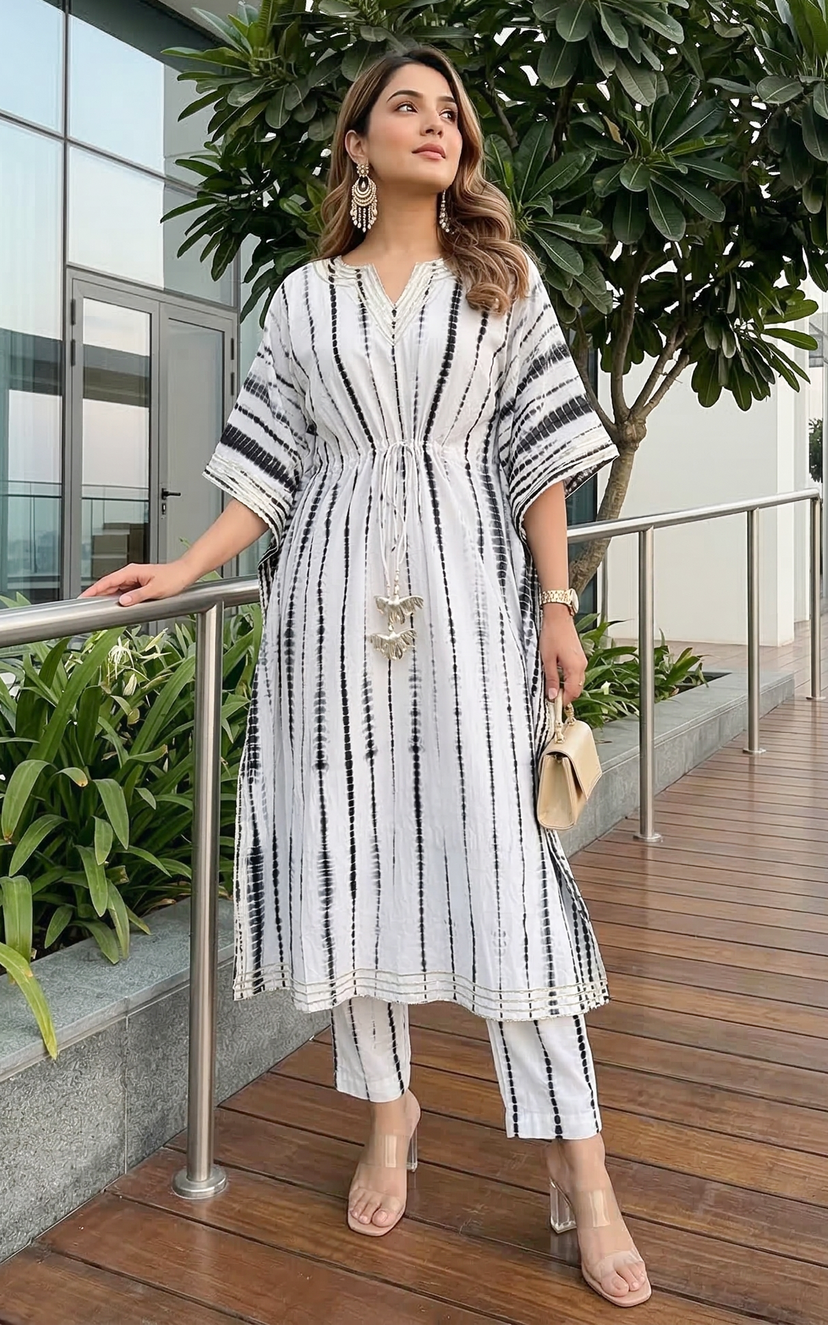 Ensemble kaftan shibori noir et pantalon