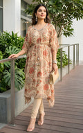 Ensemble kaftan beige en georgette à imprimé floral tropical