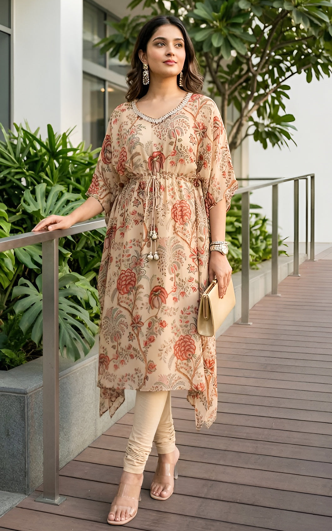 Ensemble kaftan beige en georgette à imprimé floral tropical