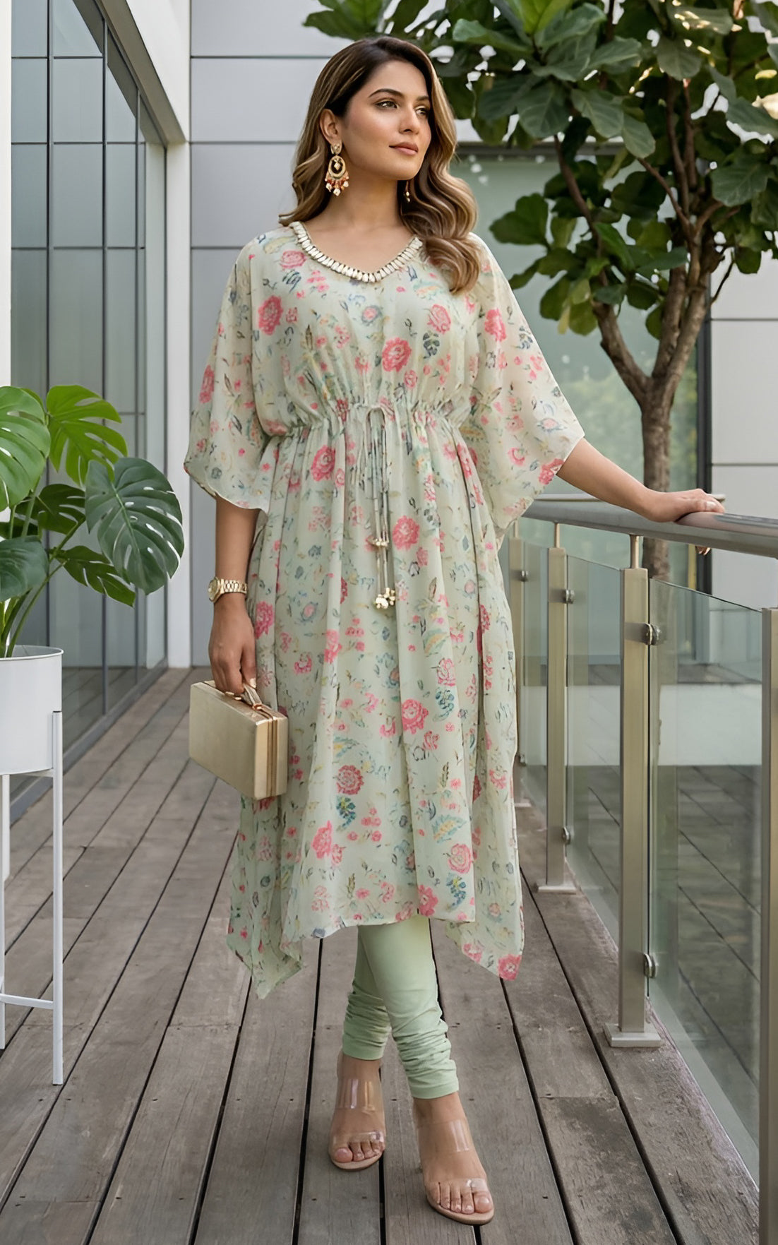 Ensemble kaftan en georgette vert sauge à imprimé floral