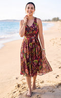 Robe évasée violette en georgette à imprimé kitsch