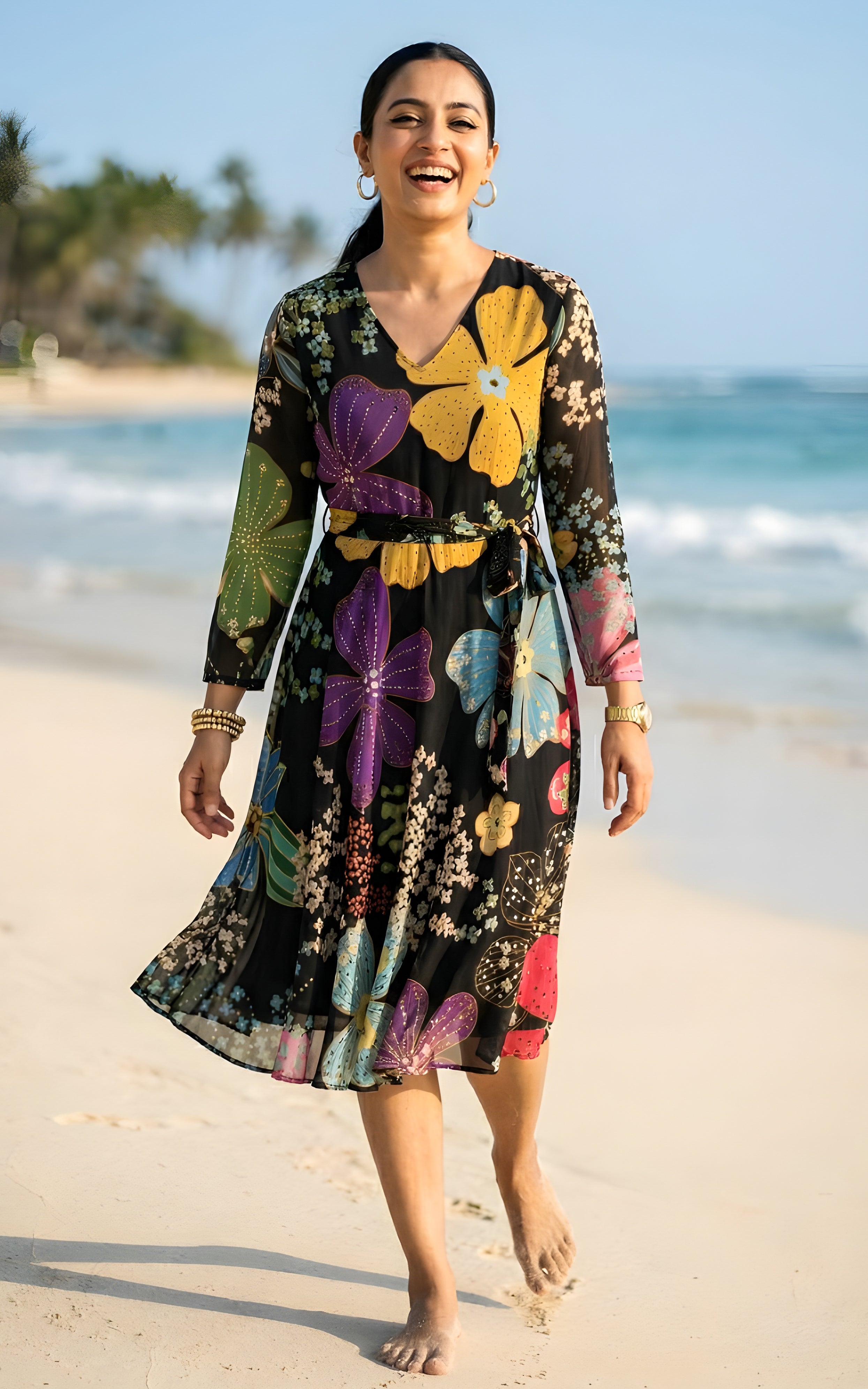 Robe évasée noire en georgette à imprimé floral