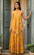 Ensemble coordonné moutarde à tunique florale et sharara