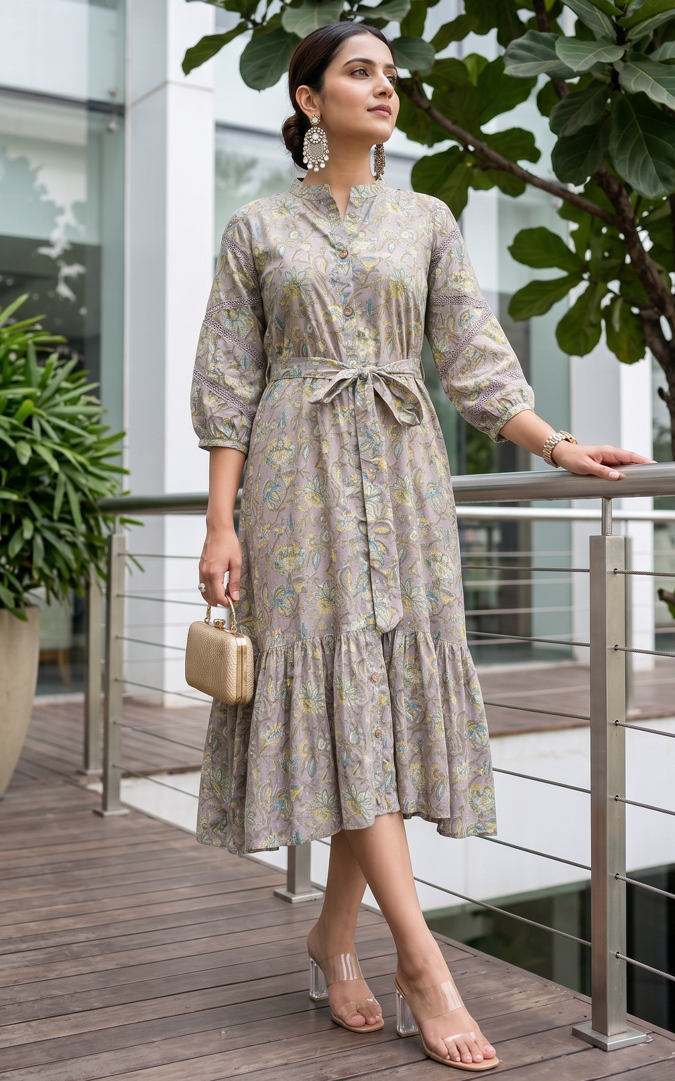 Robe midi mauve à imprimé au bloc