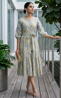 Robe midi grise et jaune à imprimé floral