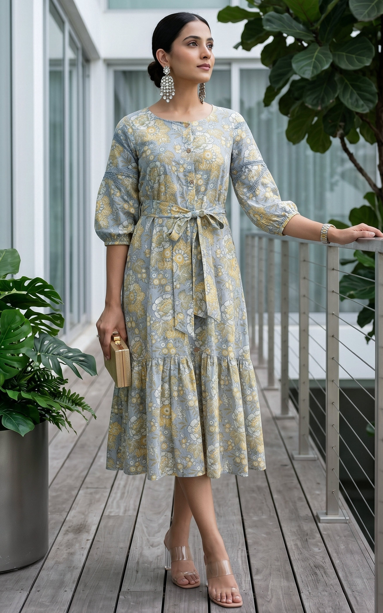 Robe midi grise et jaune à imprimé floral
