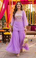 Ensemble coordonné lilas avec kurta, crop top à broderie miroir et sharara
