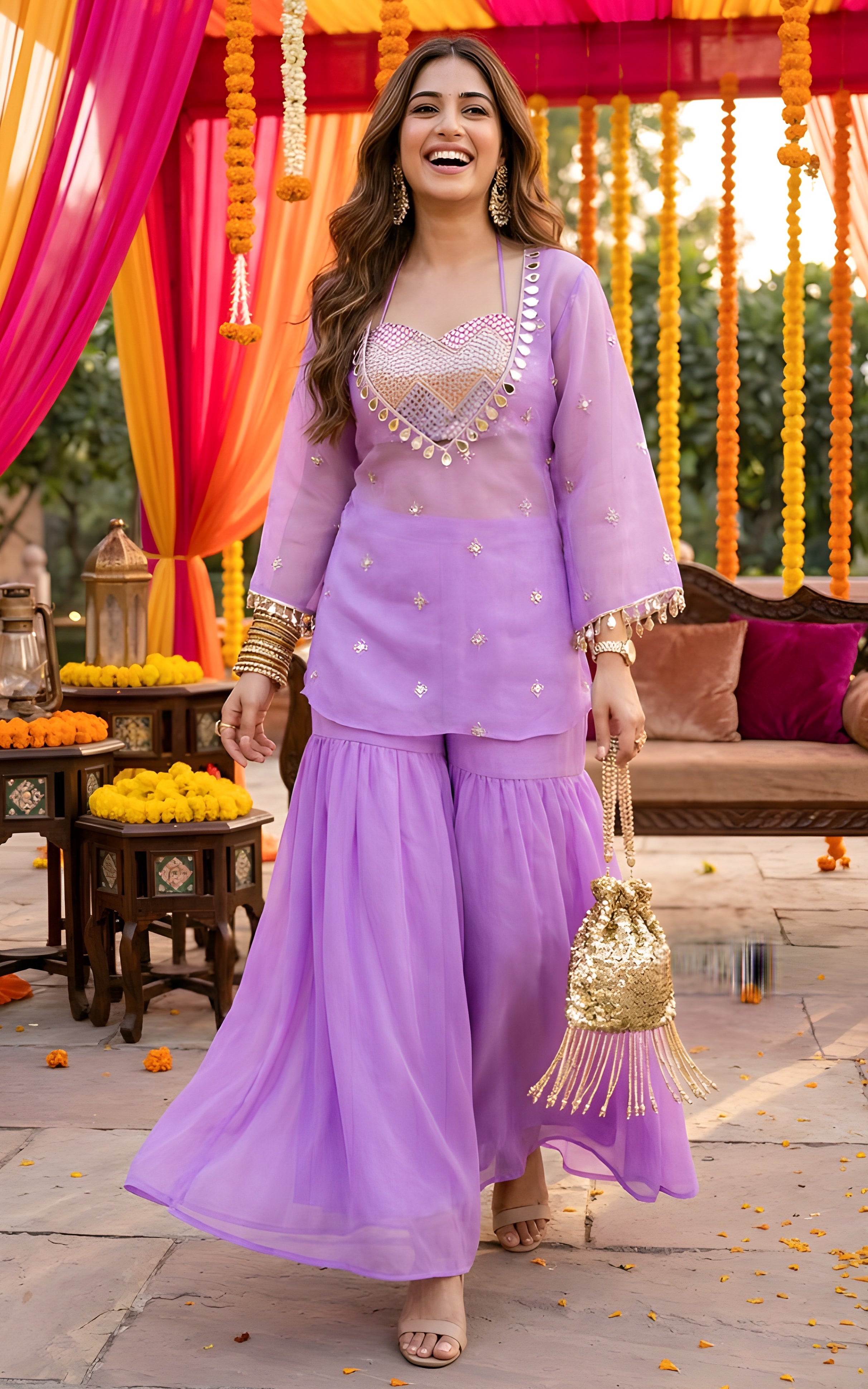 Ensemble coordonné lilas avec kurta, crop top à broderie miroir et sharara