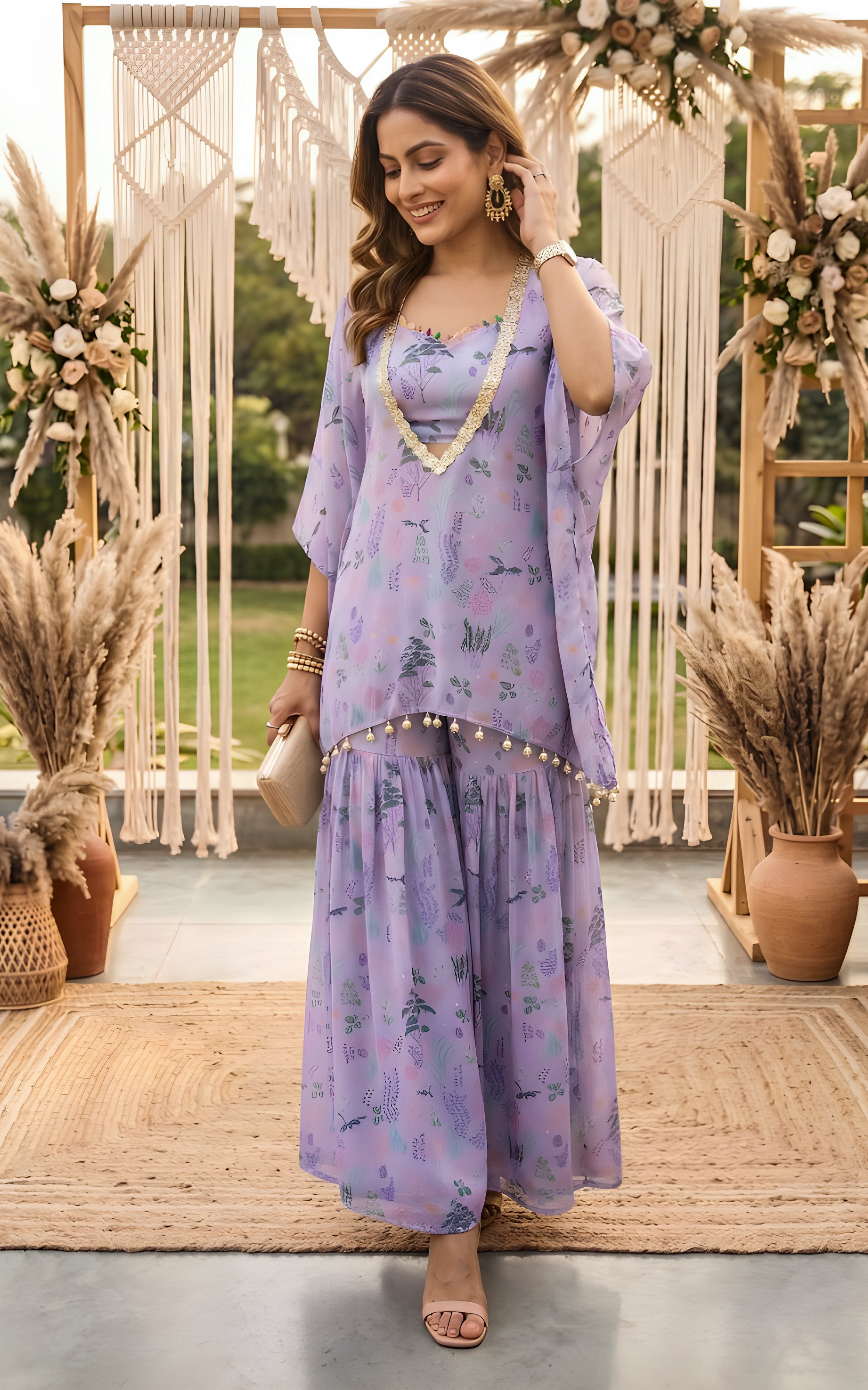 Ensemble lilas à imprimé aquatique avec crop top et sharara