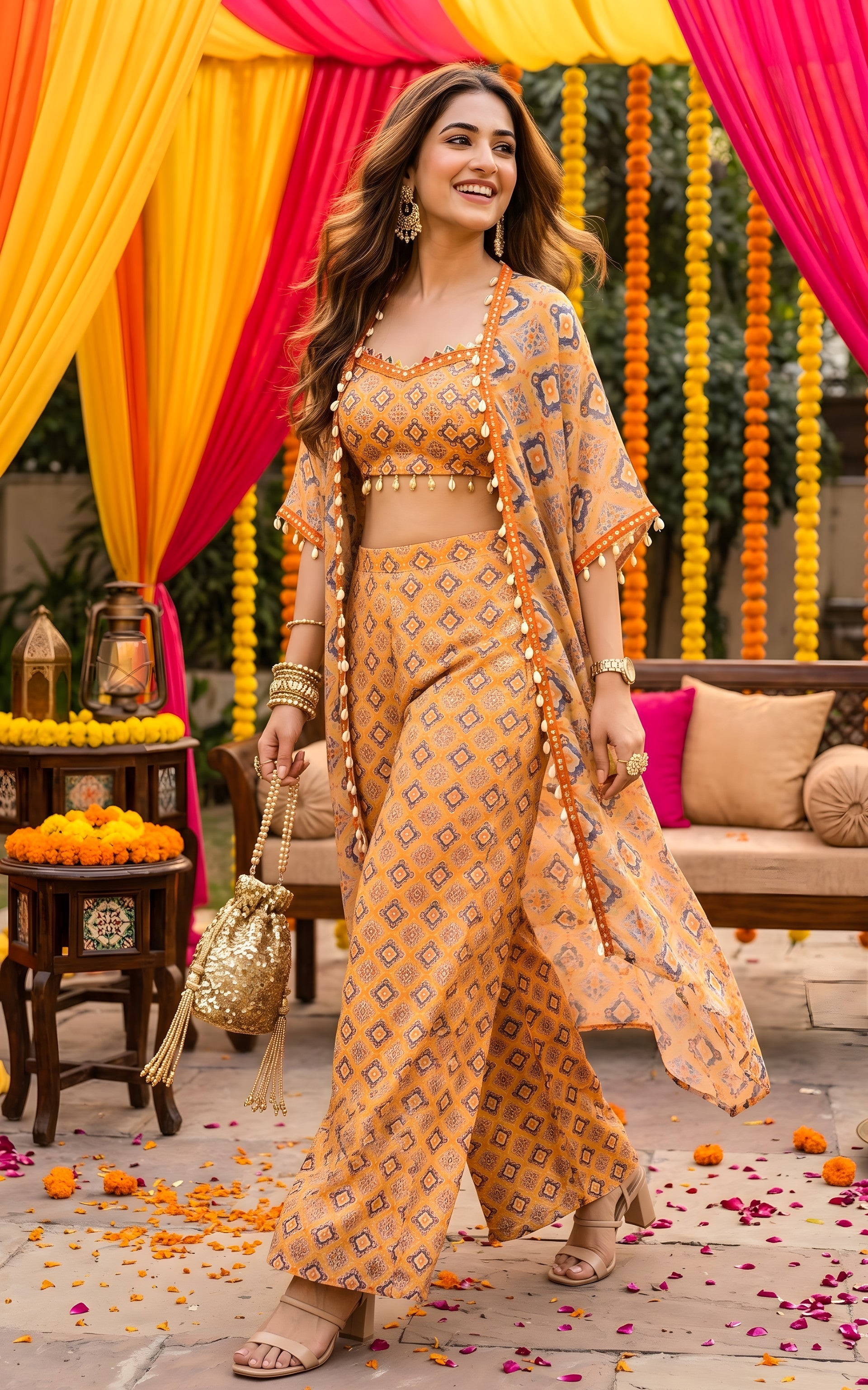 Ensemble coordonné moutarde à imprimé géométrique avec crop top et pantalon palazzo